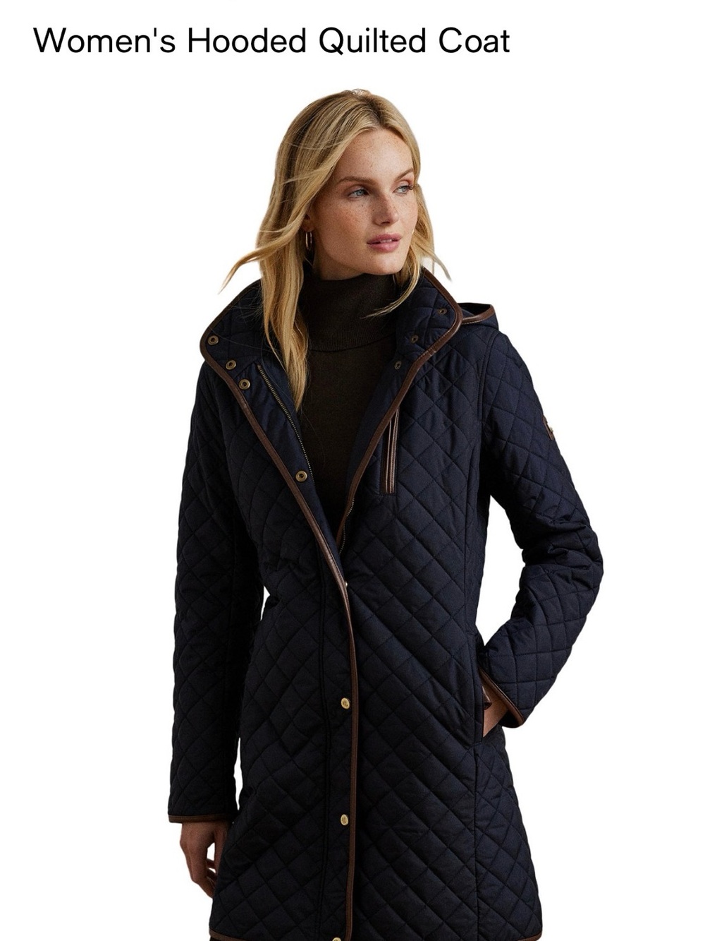 Lauren Ralph Lauren Quilted Hooded Coat in Navy with Brown Trim